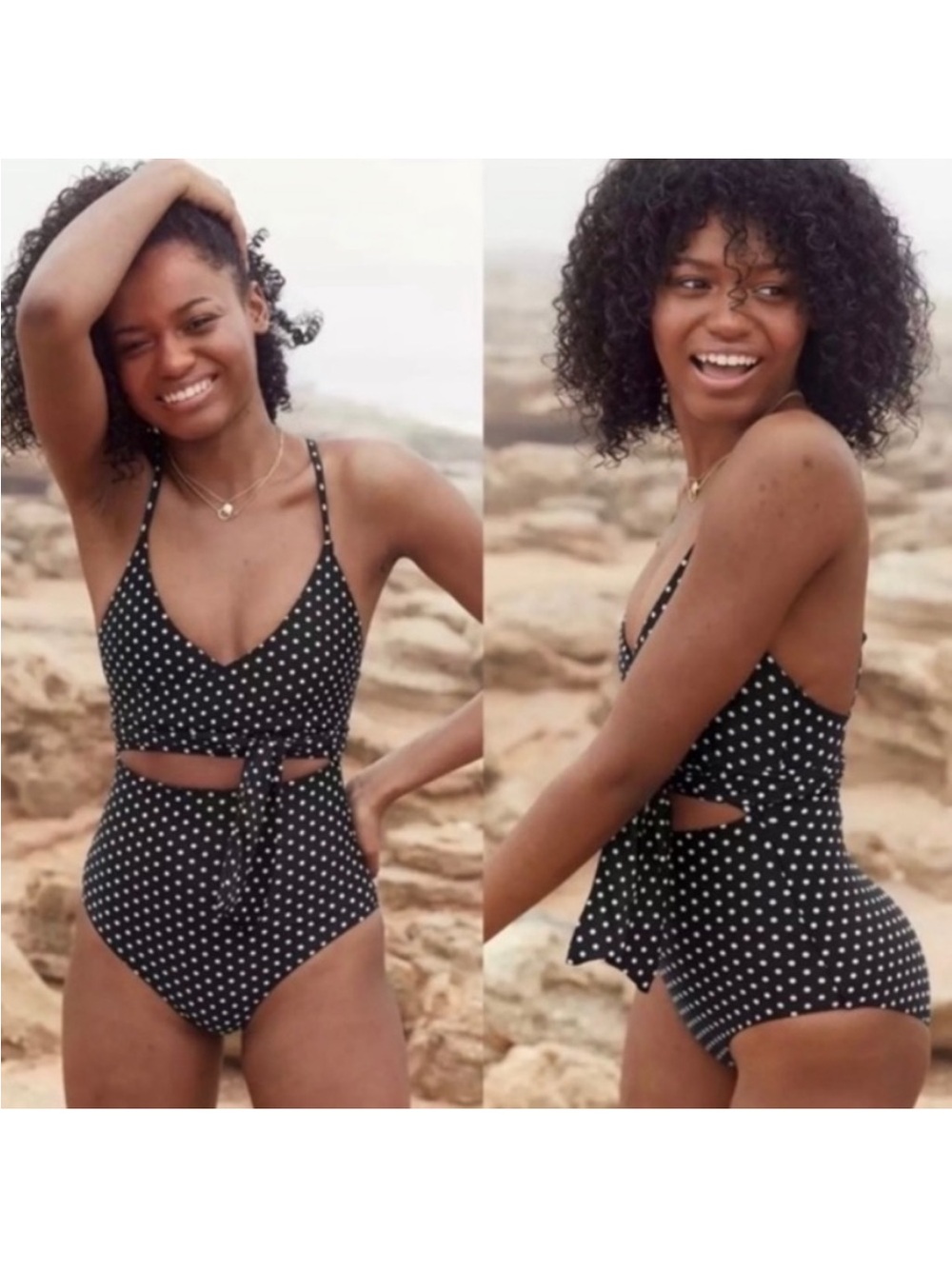 Aerie Black White Polka Dot Ribbed Wrap One Piece Beach Padded Swimsuit Large